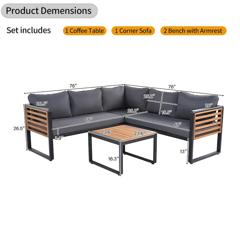 4 Pieces Outdoor Patio Conservation Set, Metal and Wood Frame Sectional L-shaped Sofa with Soft Cushion and a Coffee Tables