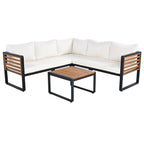 4 Pieces Outdoor Patio Conservation Set, Metal and Wood Frame Sectional L-shaped Sofa with Soft Cushion and a Coffee Tables