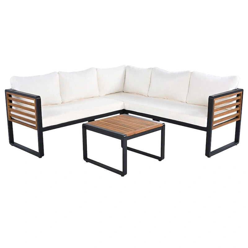 4 Pieces Outdoor Patio Conservation Set, Metal and Wood Frame Sectional L-shaped Sofa with Soft Cushion and a Coffee Tables