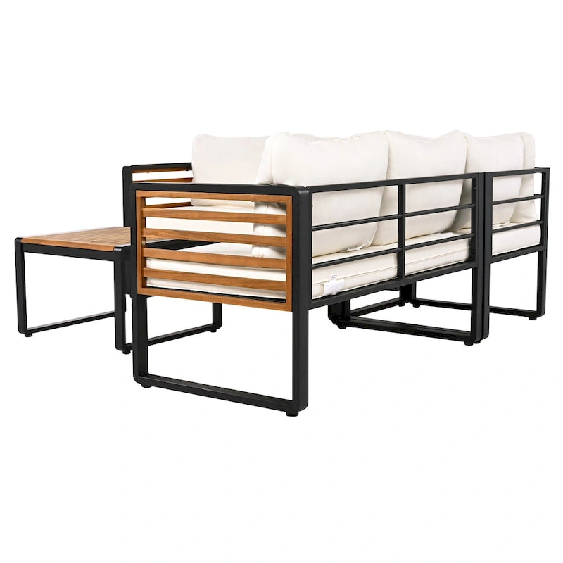 4 Pieces Outdoor Patio Conservation Set, Metal and Wood Frame Sectional L-shaped Sofa with Soft Cushion and a Coffee Tables