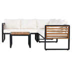 4 Pieces Outdoor Patio Conservation Set, Metal and Wood Frame Sectional L-shaped Sofa with Soft Cushion and a Coffee Tables