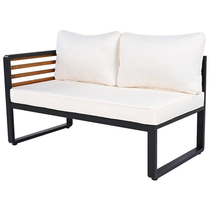 4 Pieces Outdoor Patio Conservation Set, Metal and Wood Frame Sectional L-shaped Sofa with Soft Cushion and a Coffee Tables