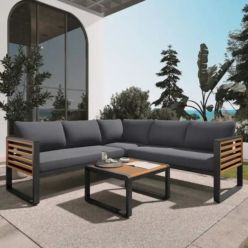 4 Pieces Outdoor Patio Conservation Set, Metal and Wood Frame Sectional L-shaped Sofa with Soft Cushion and a Coffee Tables