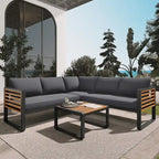 4 Pieces Outdoor Patio Conservation Set, Metal and Wood Frame Sectional L-shaped Sofa with Soft Cushion and a Coffee Tables