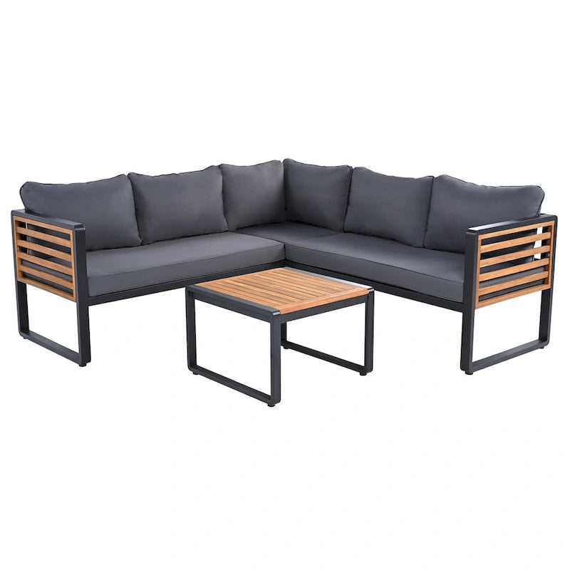 4 Pieces Outdoor Patio Conservation Set, Metal and Wood Frame Sectional L-shaped Sofa with Soft Cushion and a Coffee Tables