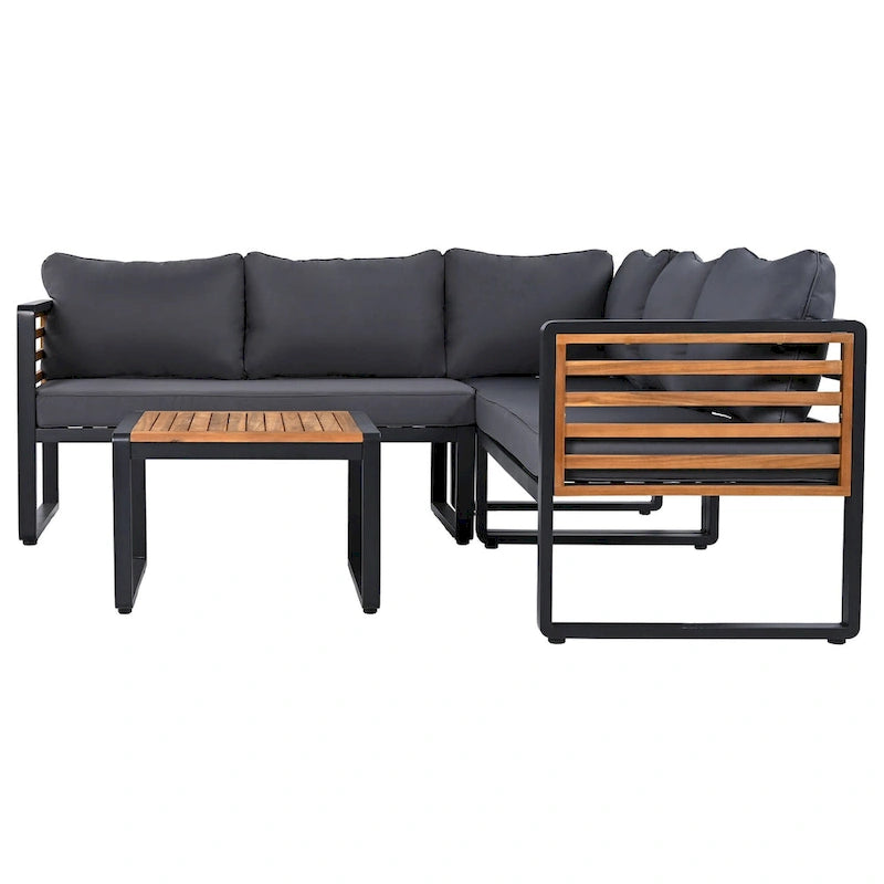 4 Pieces Outdoor Patio Conservation Set, Metal and Wood Frame Sectional L-shaped Sofa with Soft Cushion and a Coffee Tables