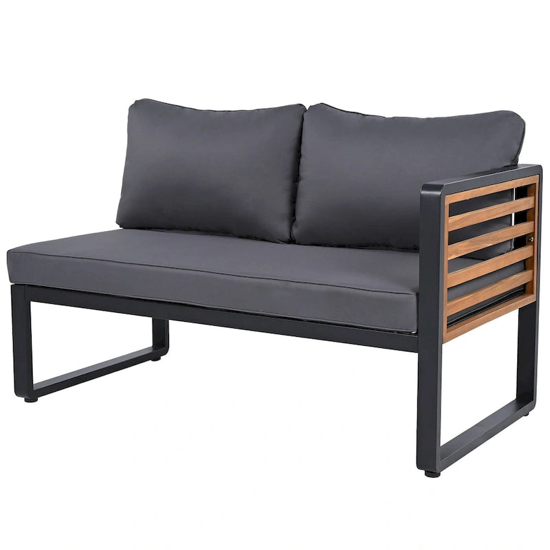 4 Pieces Outdoor Patio Conservation Set, Metal and Wood Frame Sectional L-shaped Sofa with Soft Cushion and a Coffee Tables