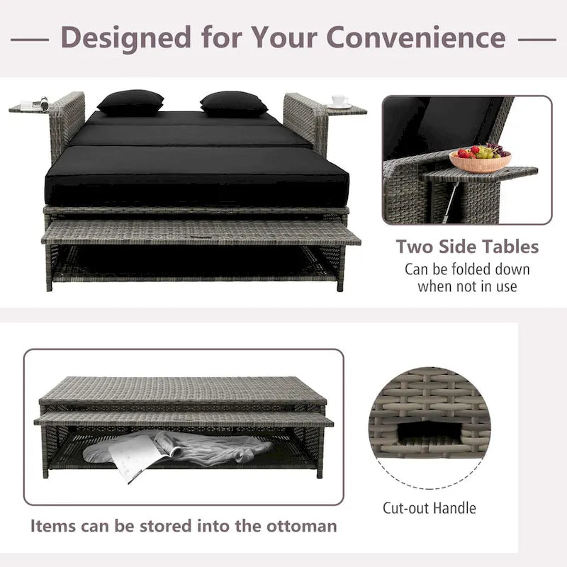 Patio Wicker Daybed Set Reclining Loveseat Sofa w/ Ottoman Side Tray