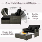 Patio Wicker Daybed Set Reclining Loveseat Sofa w/ Ottoman Side Tray