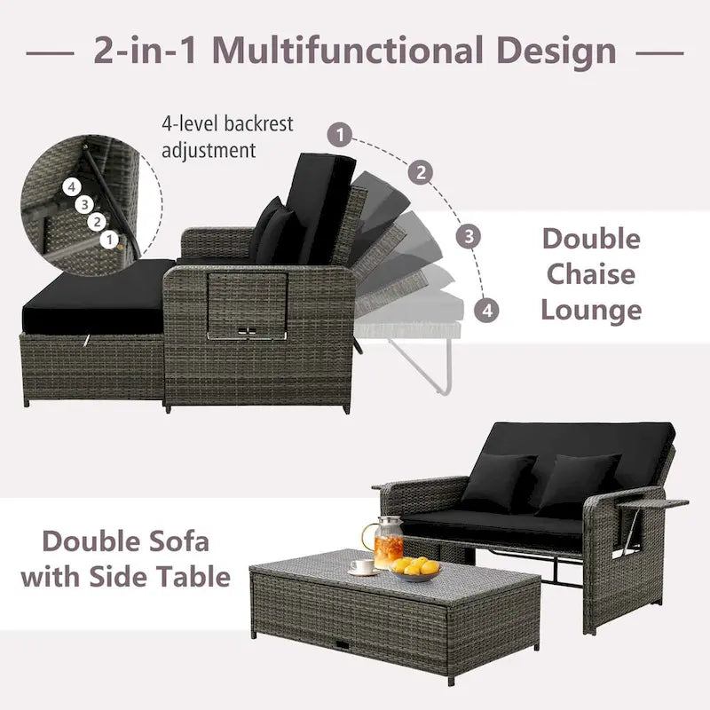 Patio Wicker Daybed Set Reclining Loveseat Sofa w/ Ottoman Side Tray
