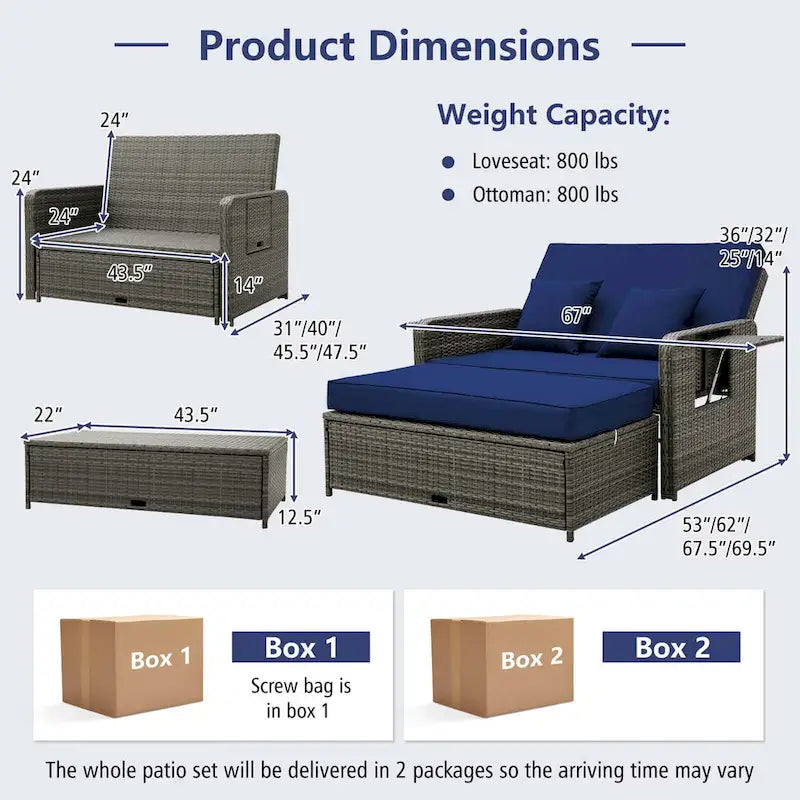 Patio Wicker Daybed Set Reclining Loveseat Sofa w/ Ottoman Side Tray