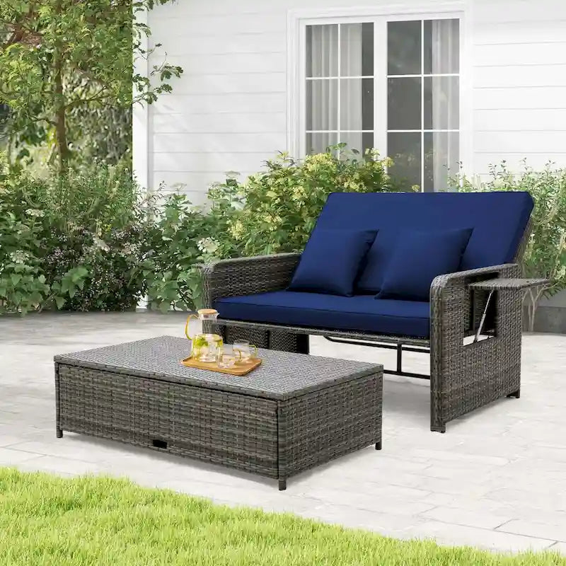 Patio Wicker Daybed Set Reclining Loveseat Sofa w/ Ottoman Side Tray