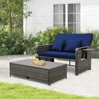 Patio Wicker Daybed Set Reclining Loveseat Sofa w/ Ottoman Side Tray