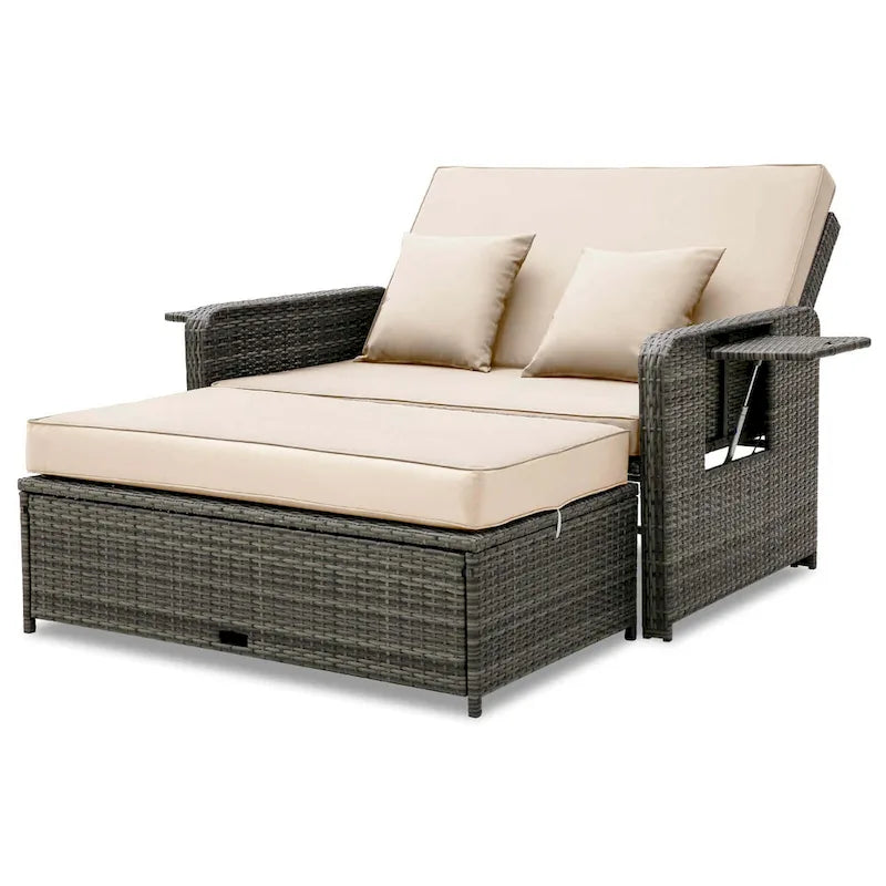 Patio Wicker Daybed Set Reclining Loveseat Sofa w/ Ottoman Side Tray