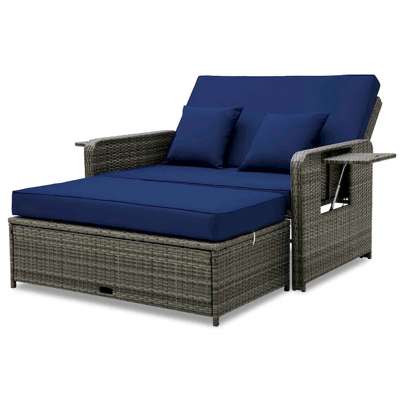 Patio Wicker Daybed Set Reclining Loveseat Sofa w/ Ottoman Side Tray