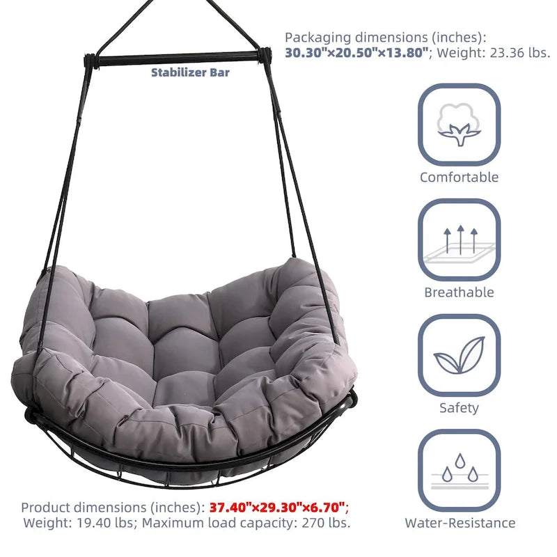 Luxury Hammock Chair Swing with Oversized Plush Cushion, Swivel Indoor/Outdoor Hanging Chair for Patio, Balcony, Bedroom