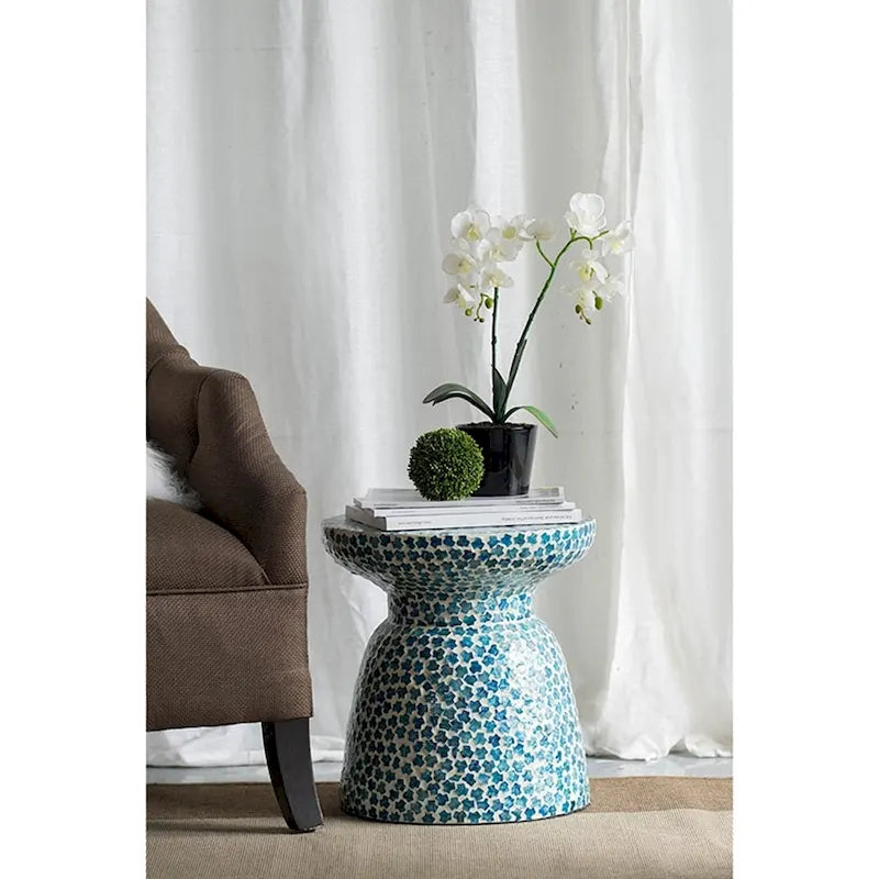 GDFStudio - Eliza Round Mosaic Accent Side Table with Blue Capiz Tile Finish - 17.3