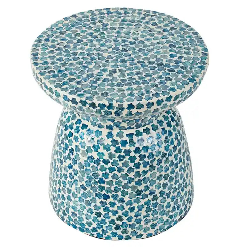 GDFStudio - Eliza Round Mosaic Accent Side Table with Blue Capiz Tile Finish - 17.3
