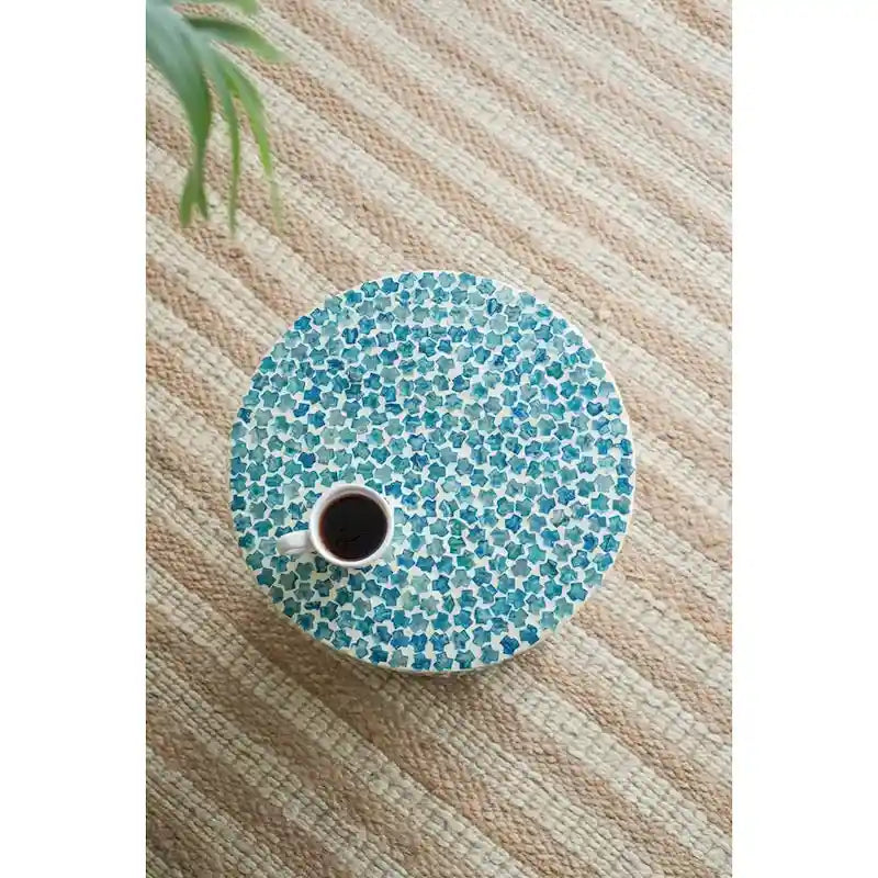 GDFStudio - Eliza Round Mosaic Accent Side Table with Blue Capiz Tile Finish - 17.3