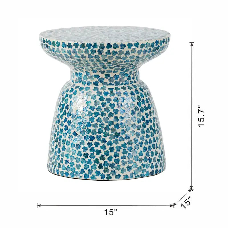 GDFStudio - Eliza Round Mosaic Accent Side Table with Blue Capiz Tile Finish - 17.3
