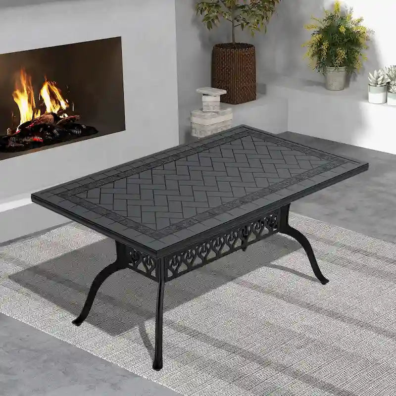 Cast Aluminum Patio Dining Table With Frame and Carved Texture on the Tabletop