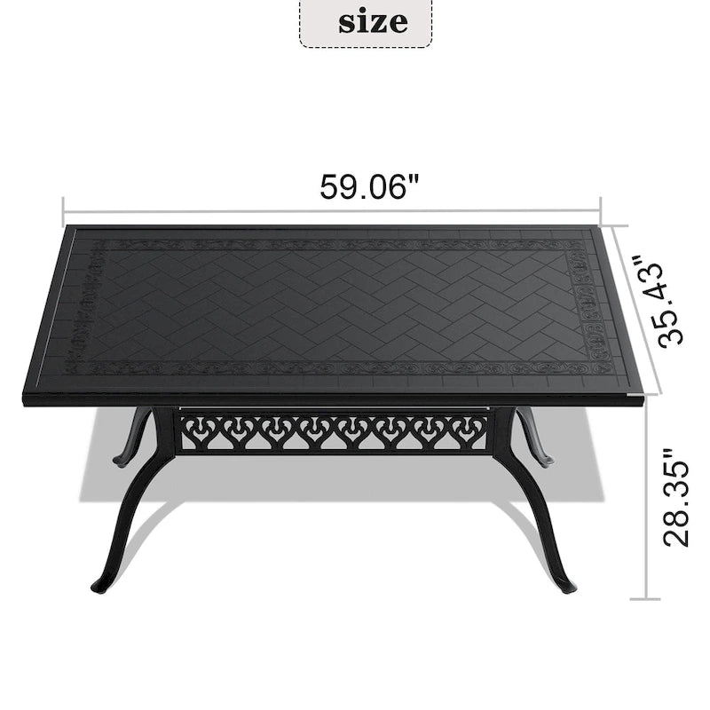 Cast Aluminum Patio Dining Table With Frame and Carved Texture on the Tabletop