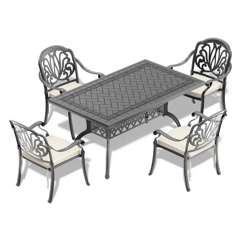 Cast Aluminum Patio Dining Table With Frame and Carved Texture on the Tabletop