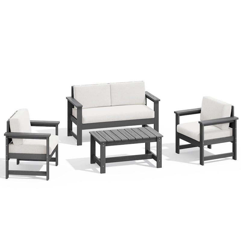Outdoor Patio HDPE Sectional Sofa and Table Set, Removable Cushions Included, a Loveseat, 2 Single Sofas