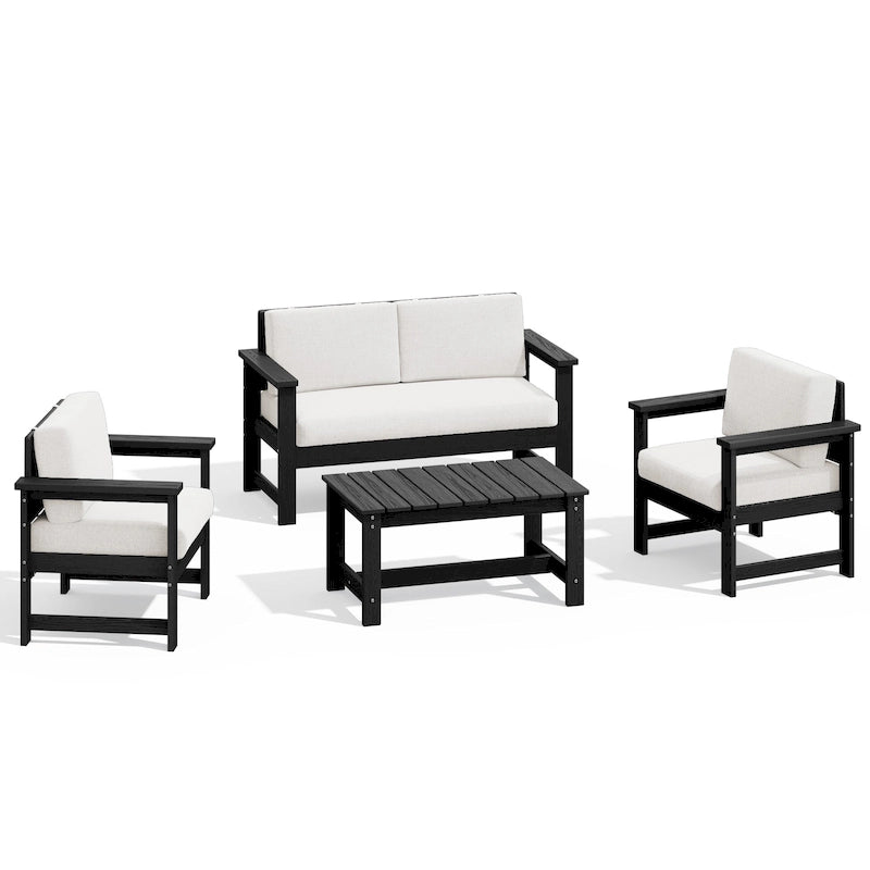Outdoor Patio HDPE Sectional Sofa and Table Set, Removable Cushions Included, a Loveseat, 2 Single Sofas