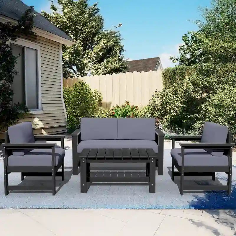 Outdoor Patio HDPE Sectional Sofa and Table Set, Removable Cushions Included, a Loveseat, 2 Single Sofas
