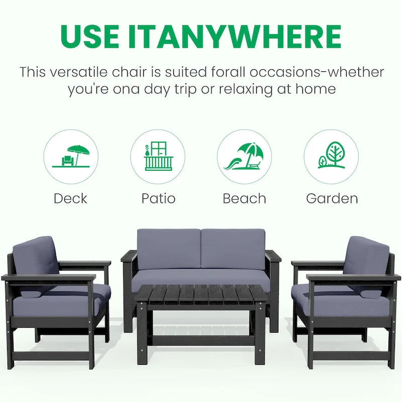 Outdoor Patio HDPE Sectional Sofa and Table Set, Removable Cushions Included, a Loveseat, 2 Single Sofas