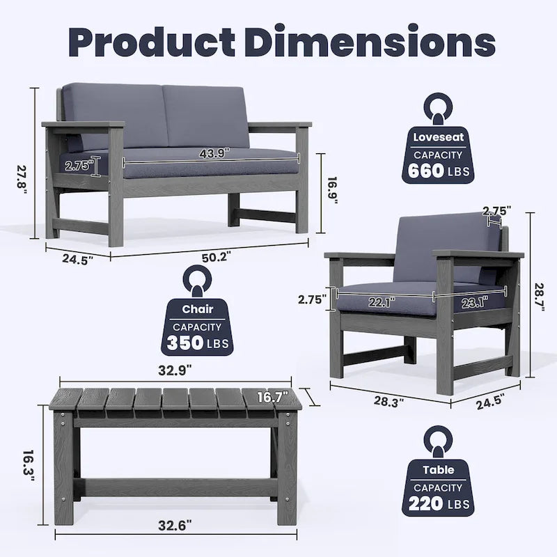 Outdoor Patio HDPE Sectional Sofa and Table Set, Removable Cushions Included, a Loveseat, 2 Single Sofas
