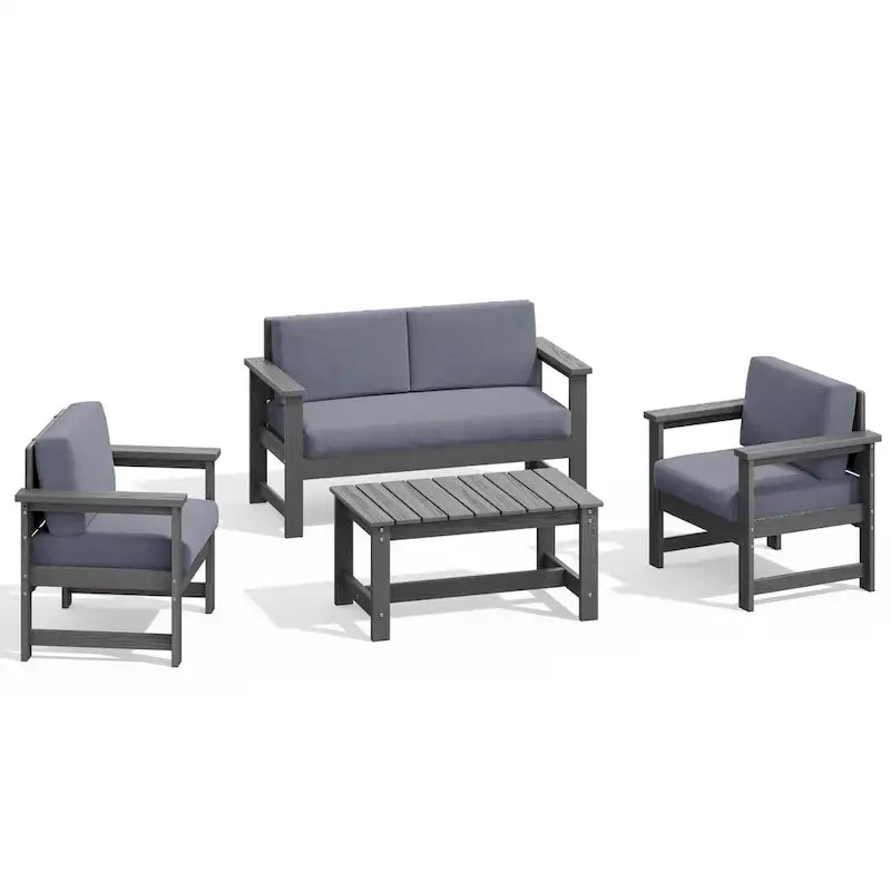 Outdoor Patio HDPE Sectional Sofa and Table Set, Removable Cushions Included, a Loveseat, 2 Single Sofas