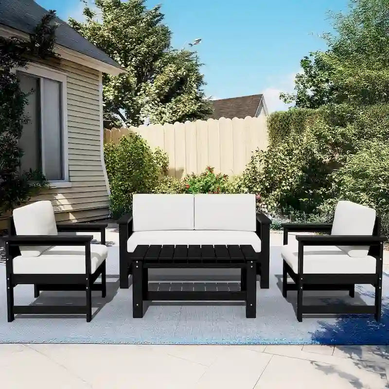 Outdoor Patio HDPE Sectional Sofa and Table Set, Removable Cushions Included, a Loveseat, 2 Single Sofas