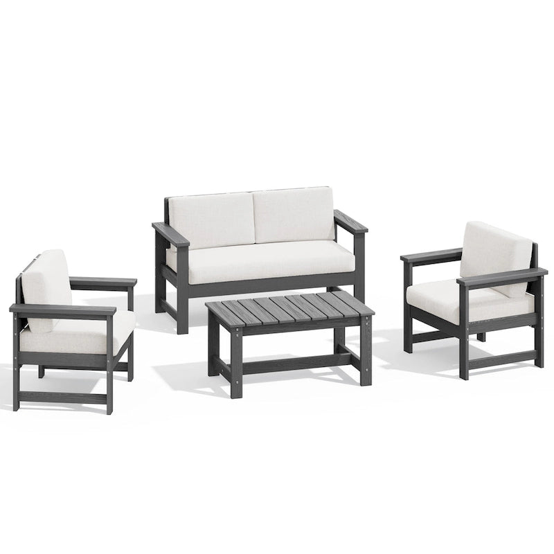 Outdoor Patio HDPE Sectional Sofa and Table Set, Removable Cushions Included, a Loveseat, 2 Single Sofas