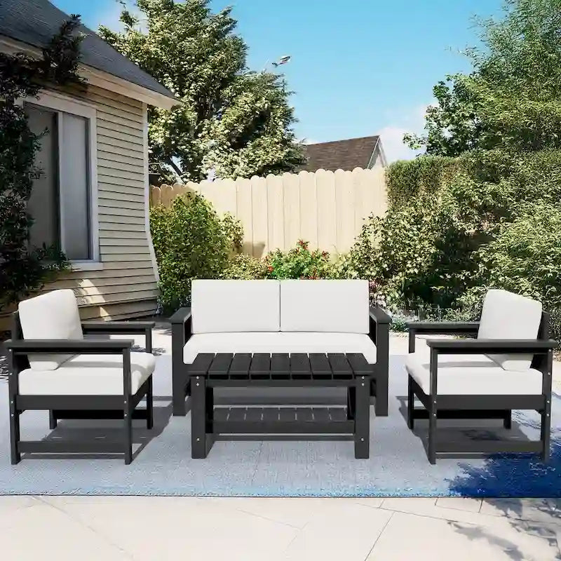 Outdoor Patio HDPE Sectional Sofa and Table Set, Removable Cushions Included, a Loveseat, 2 Single Sofas