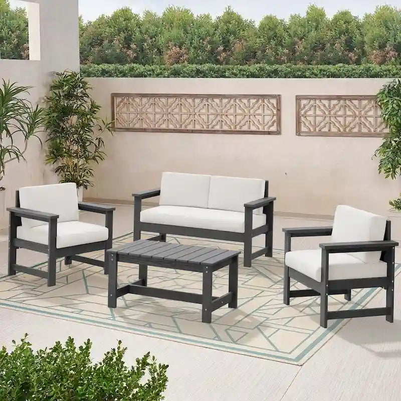Outdoor Patio HDPE Sectional Sofa and Table Set, Removable Cushions Included, a Loveseat, 2 Single Sofas