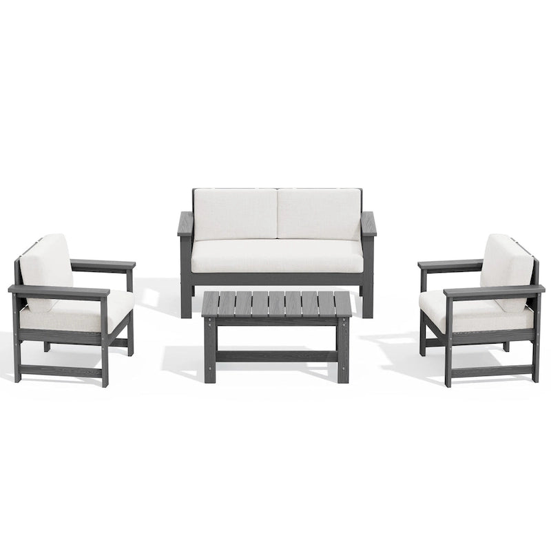 Outdoor Patio HDPE Sectional Sofa and Table Set, Removable Cushions Included, a Loveseat, 2 Single Sofas
