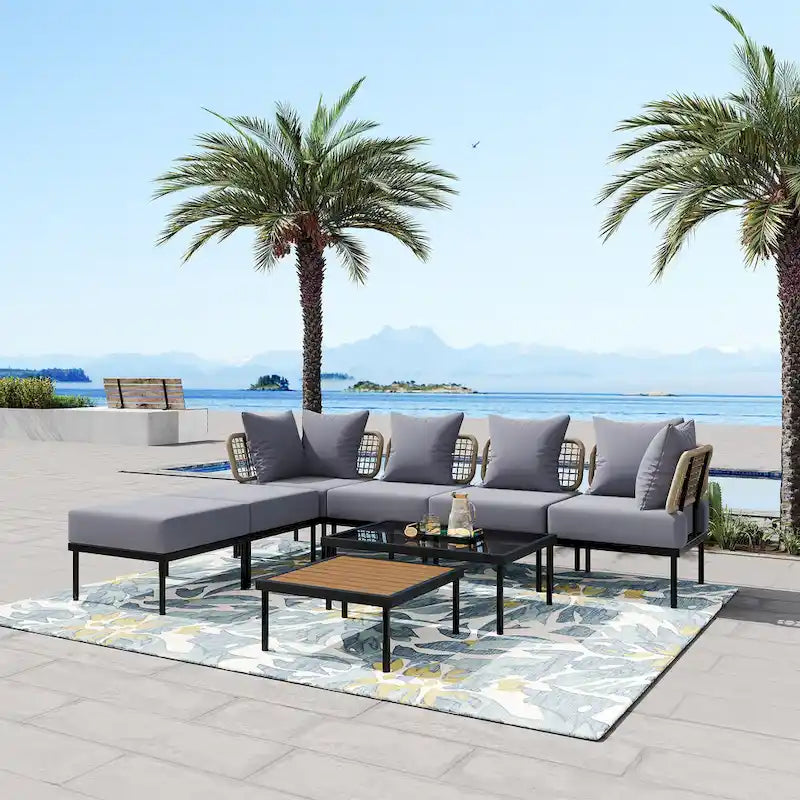 Outdoor 8-Piece Iron Modular Sectional Sofa Set with Glass & Wood Tables