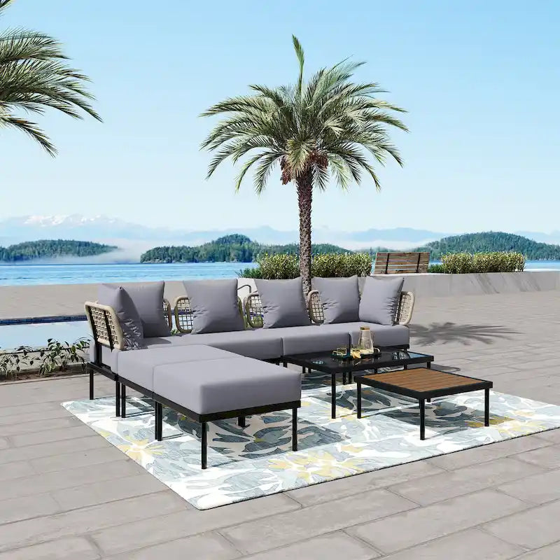 Outdoor 8-Piece Iron Modular Sectional Sofa Set with Glass & Wood Tables