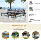 Outdoor 8-Piece Iron Modular Sectional Sofa Set with Glass & Wood Tables