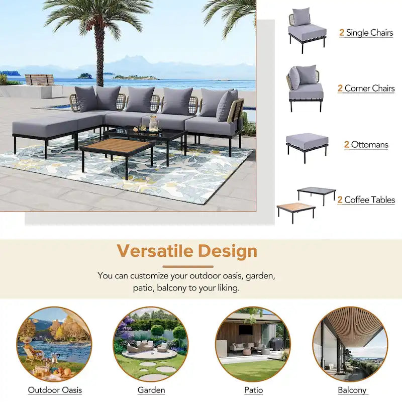 Outdoor 8-Piece Iron Modular Sectional Sofa Set with Glass & Wood Tables