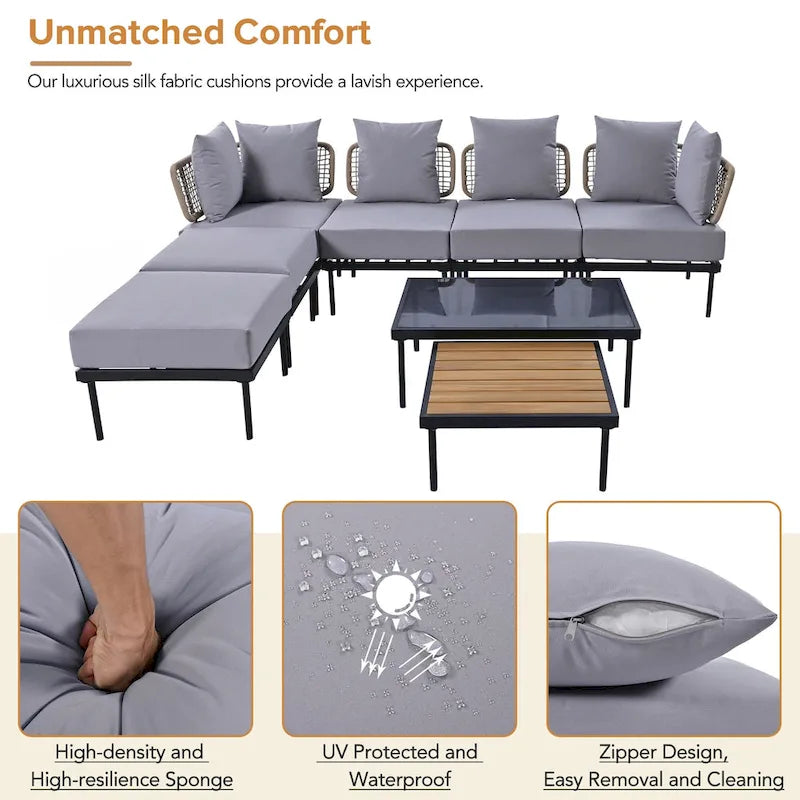 Outdoor 8-Piece Iron Modular Sectional Sofa Set with Glass & Wood Tables