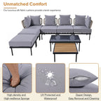 Outdoor 8-Piece Iron Modular Sectional Sofa Set with Glass & Wood Tables