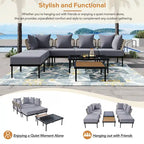 Outdoor 8-Piece Iron Modular Sectional Sofa Set with Glass & Wood Tables