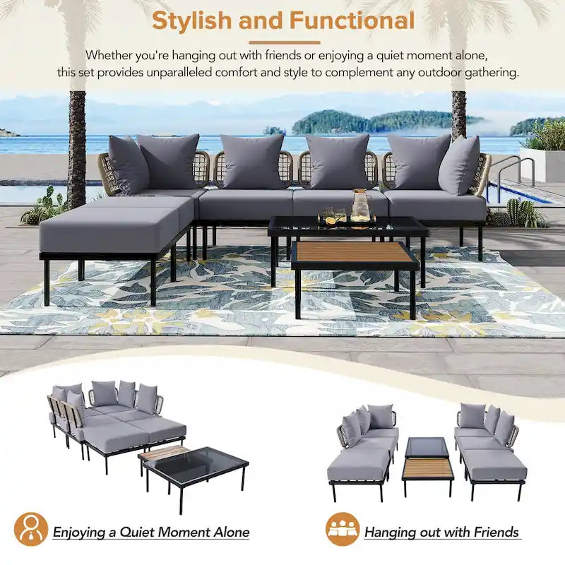 Outdoor 8-Piece Iron Modular Sectional Sofa Set with Glass & Wood Tables