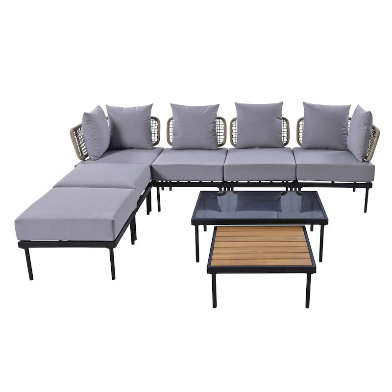 Outdoor 8-Piece Iron Modular Sectional Sofa Set with Glass & Wood Tables