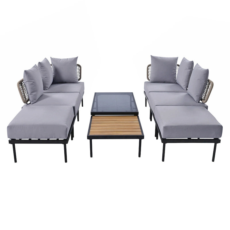 Outdoor 8-Piece Iron Modular Sectional Sofa Set with Glass & Wood Tables