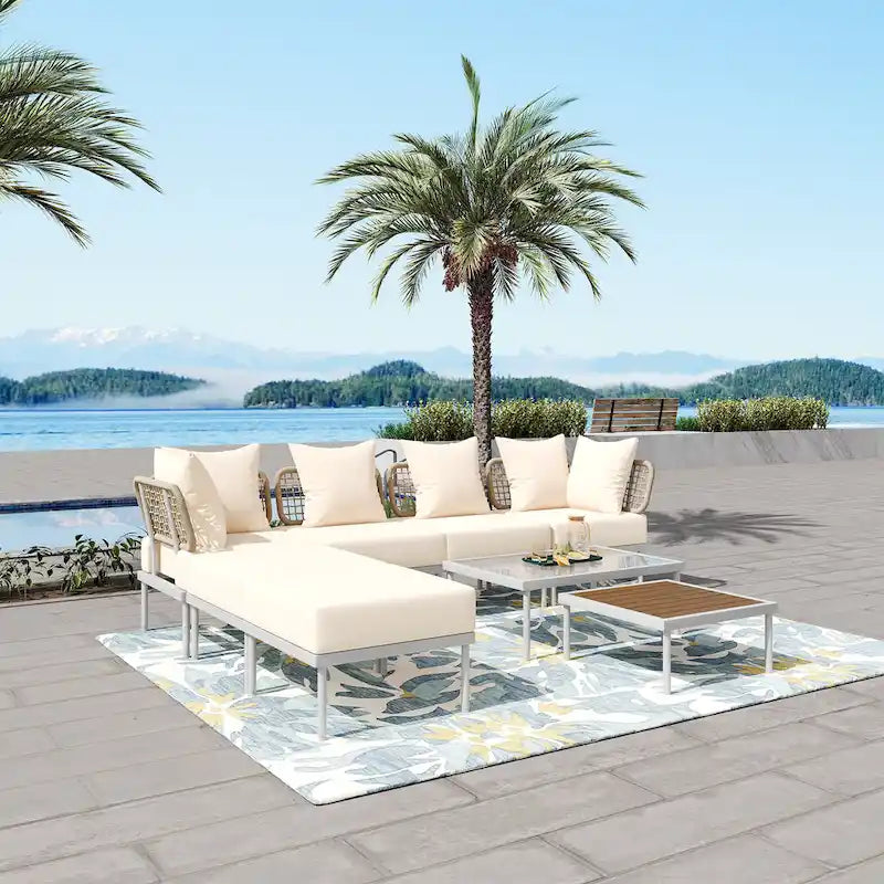 Outdoor 8-Piece Iron Modular Sectional Sofa Set with Glass & Wood Tables