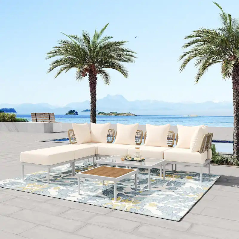 Outdoor 8-Piece Iron Modular Sectional Sofa Set with Glass & Wood Tables